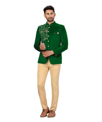 embroidered Green  velvet jodhpuri sherwani 1