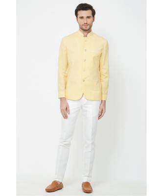 plain Yellow  linen bandhgala suit 1