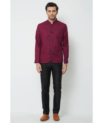 plain Maroon linen bandhgala suit 1