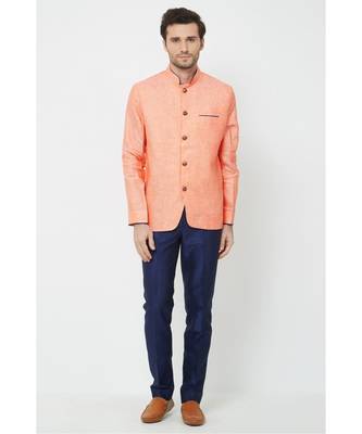 plain Orange linen bandhgala suit 1