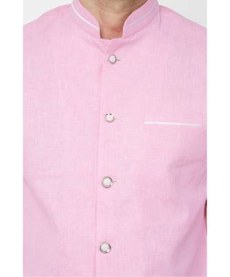 plain Pink linen bandhgala suit 3