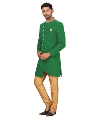 Green Art Silk Hand Work Indowestern Sherwani 1
