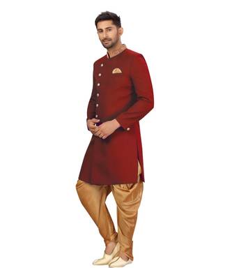 printed maroon dupion silk sherwani 1