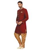 printed maroon dupion silk sherwani