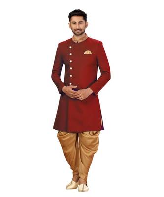 printed maroon dupion silk sherwani 2