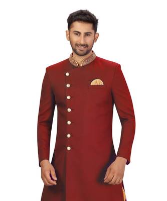 printed maroon dupion silk sherwani 3