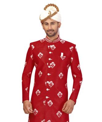 Red Art Silk Embroidery Classic Sherwani 1