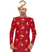 Red Art Silk Embroidery Classic Sherwani