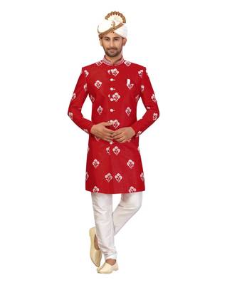 Red Art Silk Embroidery Classic Sherwani 2