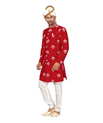 Red Art Silk Embroidery Classic Sherwani 3