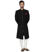 Black Cotton Plain Nawabi Sherwani for Weddings and Festivals