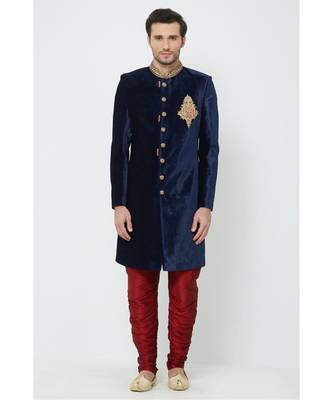 Navy Blue Velvet Hand Work Pakistani Sherwani 1
