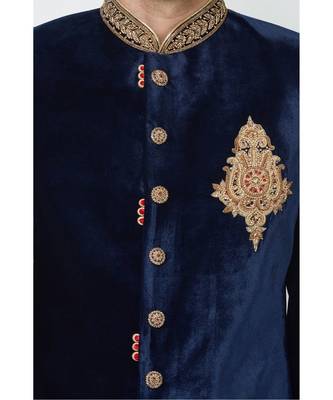 Navy Blue Velvet Hand Work Pakistani Sherwani 2