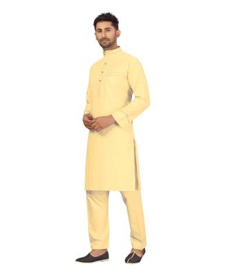 Lemon Cream Cotton with Polyester Pattern Pathani Set 1