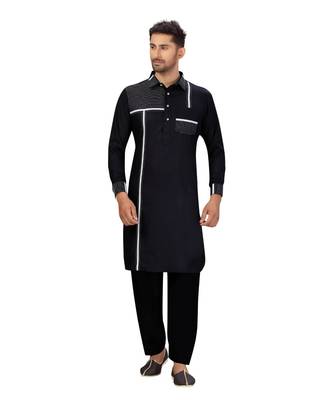 Black Cotton with Polyester Pattern Pathani Set 2
