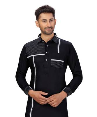 Black Cotton with Polyester Pattern Pathani Set 3
