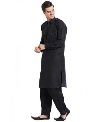 Black Cotton linen Solid Stitched Pathani Set 1