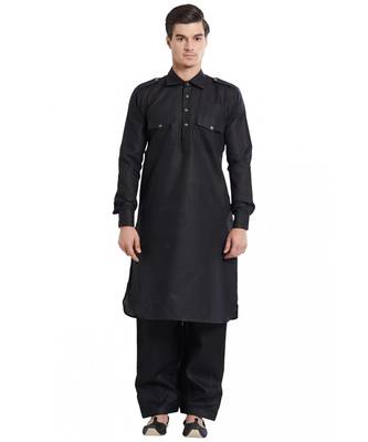 Black Cotton linen Solid Stitched Pathani Set 2