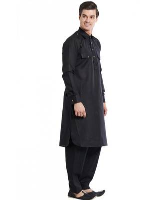 Black Cotton linen Solid Stitched Pathani Set 3