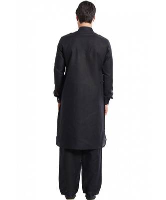 Black Cotton linen Solid Stitched Pathani Set 4