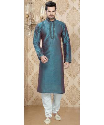 Dual Tone Rama Green Art Silk Dori Work Kurta Pyjama 1