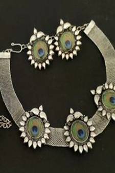 Antique  Silver Oxidised Plated Peacock Choker Necklace  With Matching  Earrings for Women & Girls