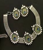 Antique  Silver Oxidised Plated Peacock Choker Necklace  With Matching  Earrings for Women & Girls