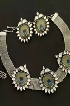 Antique  Silver Oxidised Plated Peacock Choker Necklace  With Matching  Earrings for Women & Girls