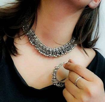 Fashion Traditional   Oxidized  Silver Plated Arabian Style Choker Necklace  With earrings For Women & Girls 1