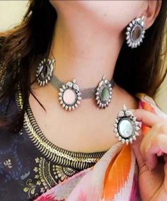 Fashion Traditional   Oxidized  Silver Plated Arabian Style Glass  Choker Necklace  With earrings For Women & Girls 1