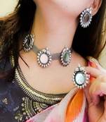 Fashion Traditional   Oxidized  Silver Plated Arabian Style Glass  Choker Necklace  With earrings For Women & Girls
