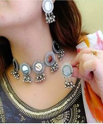 Fashion Traditional   Oxidized  Silver Plated Arabian Style Glass  Choker Necklace  With earrings For Women & Girls 1
