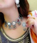 Fashion Traditional   Oxidized  Silver Plated Arabian Style Glass  Choker Necklace  With earrings For Women & Girls