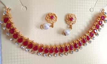 Necklace  Set Ad  Red Kundan Simple Look Gold Plated pearls Lightweight Jewelry With Earrings for Women & Girls 1