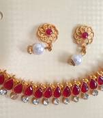 Necklace  Set Ad  Red Kundan Simple Look Gold Plated pearls Lightweight Jewelry With Earrings for Women & Girls