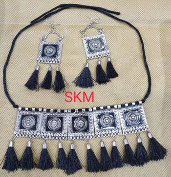 Oxidised Jewellery Afghani Style Black Thread silver Choker Necklace  Set for Women & Girls 1