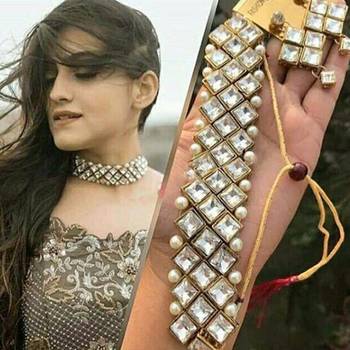 Golden Mother of Pearl Chocker in White Stone Kundan Set for Women & Girls 1