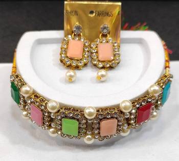 Gold Plated Traditional  AD Stone Studded Pearl   Multicolor  Jewellery Set With Earrings For Women/Girls  1