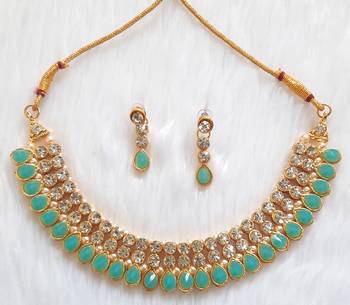 Classy Choker Style Ad Stone Necklace  Set Gold Plated With matching Earrings 1