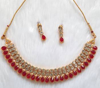 Classy Choker Style Ad Stone Maroon Necklace  Set  Gold Plated With matching Earrings 1