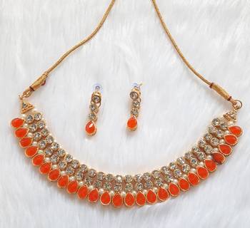 Classy Choker Style Ad Stone Orange Necklace  Set  Gold Plated With matching Earrings 1