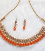 Classy Choker Style Ad Stone Orange Necklace  Set  Gold Plated With matching Earrings