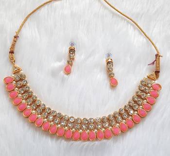 Classy Choker Style Ad Stone Pink Necklace  Set  Gold Plated With matching Earrings 1