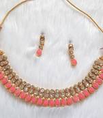 Classy Choker Style Ad Stone Pink Necklace  Set  Gold Plated With matching Earrings