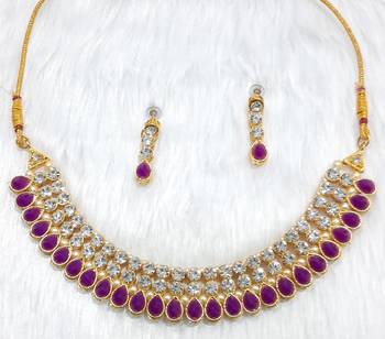 Classy Choker Style Ad Stone Purple Necklace  Set  Gold Plated With matching Earrings 1
