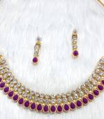 Classy Choker Style Ad Stone Purple Necklace  Set  Gold Plated With matching Earrings