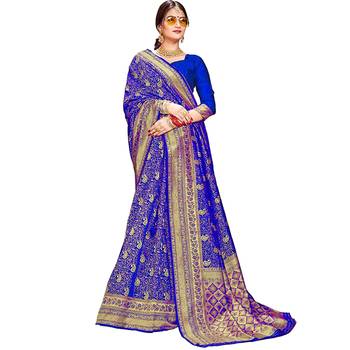 Blue woven banarasi silk saree with blouse 1