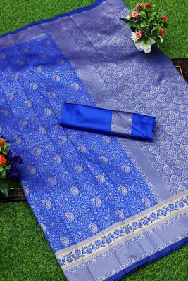 Blue woven banarasi silk saree with blouse 2