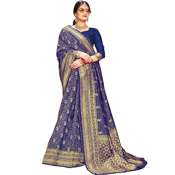 Dark blue woven banarasi silk saree with blouse 1