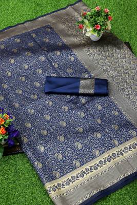 Dark blue woven banarasi silk saree with blouse 2